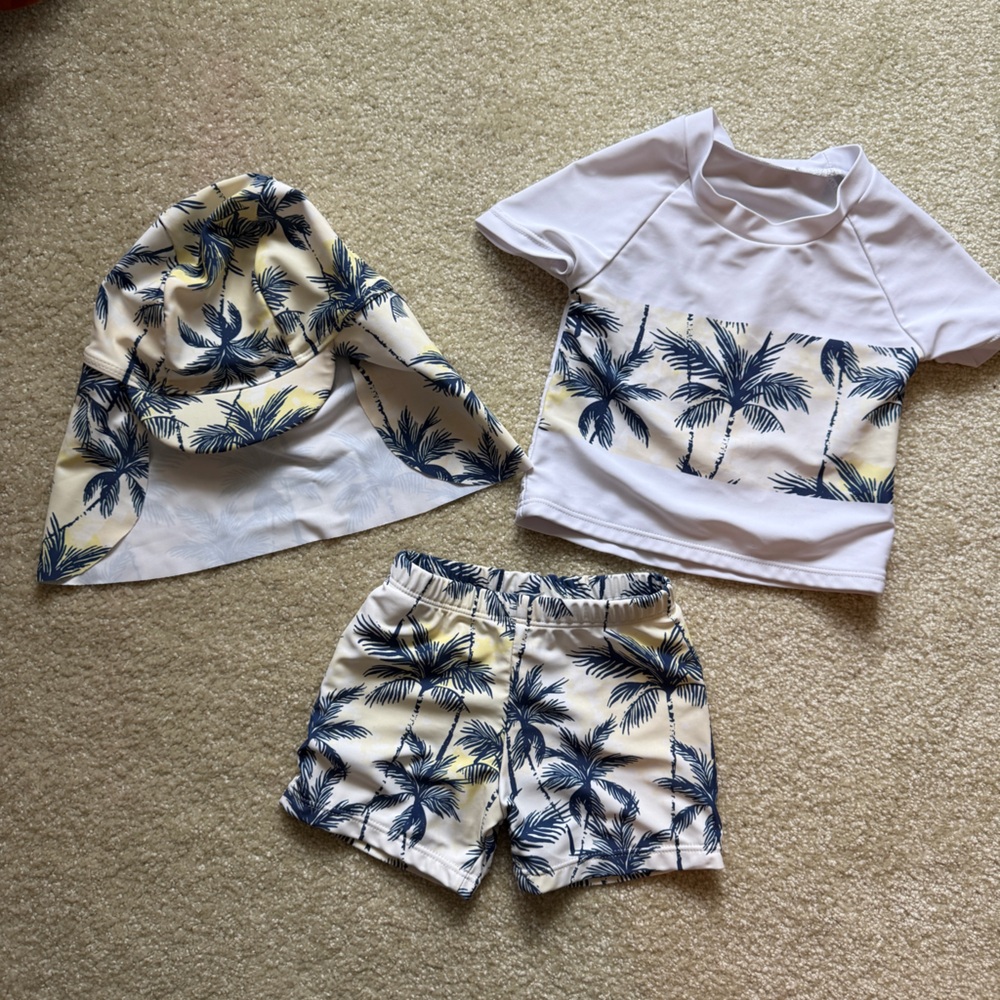 SHEIN White and Navy Palm Print Kids 3-Piece Swim Set